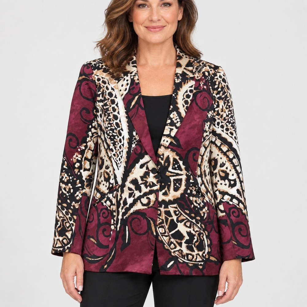 Chicos Blazer Mixed Paisley Leopard Print Burgundy Black Cream Size 2 Large
